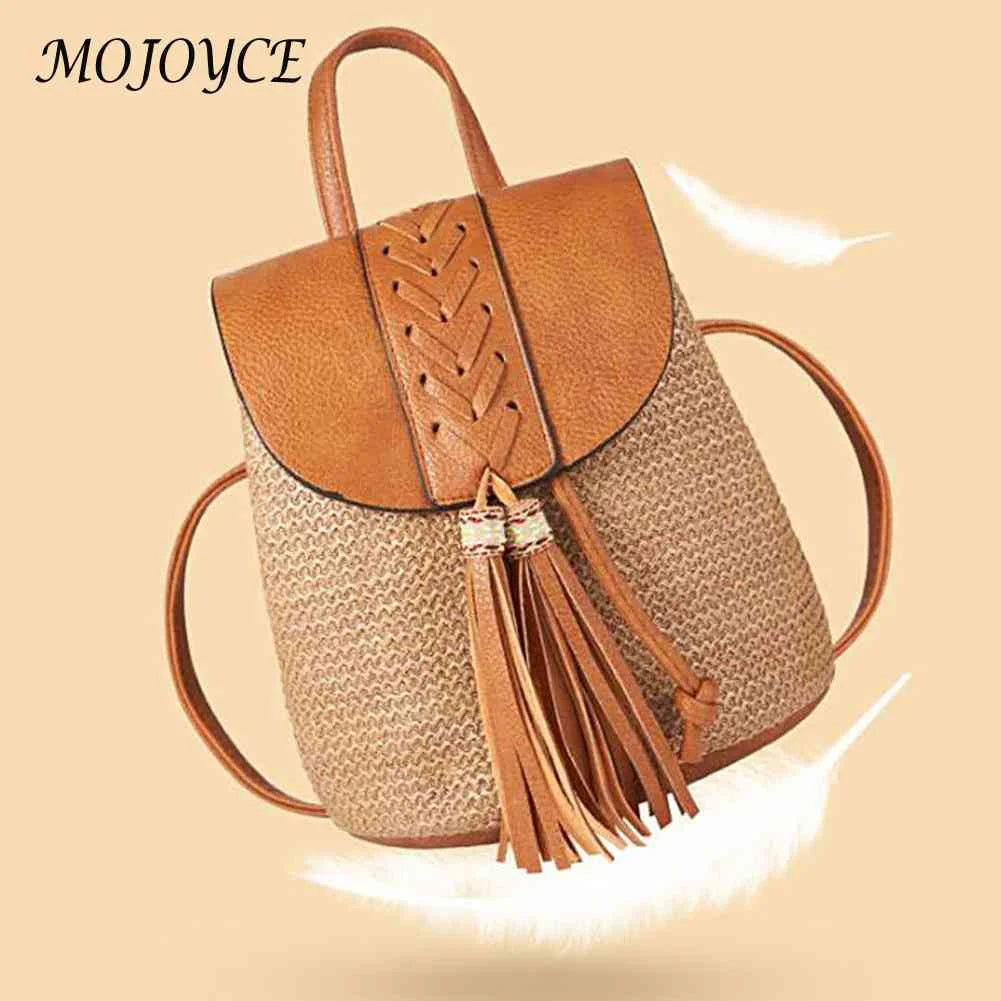 Women Straw Backpacks Leather Tassel Daypack