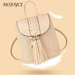 Women Straw Backpacks Leather Tassel Daypack