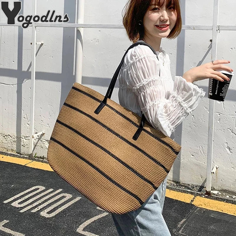 Women Straw Woven Stripe Basket Bag Large Capacity Hand-Woven Handbags