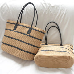 Women Straw Woven Stripe Basket Bag Large Capacity Hand-Woven Handbags