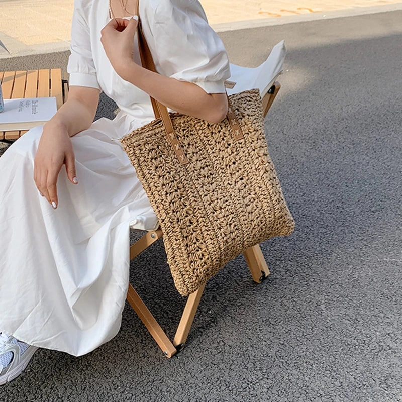 Women Straw Woven Tote Casual Rattan Bohemian Beach Bag Vacation Shoulder