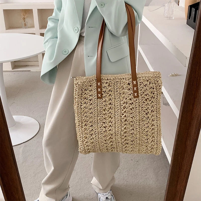 Women Straw Woven Tote Casual Rattan Bohemian Beach Bag Vacation Shoulder