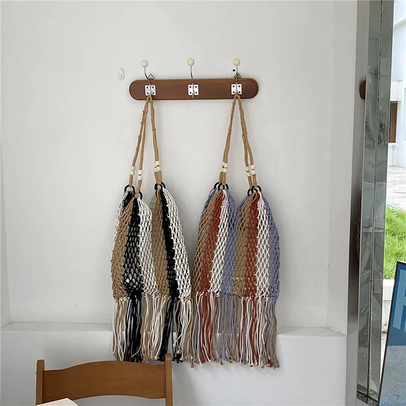 Striped Beach Bag Large Capacity Handwoven Cutout Tote Shoulder Bags with Tassel