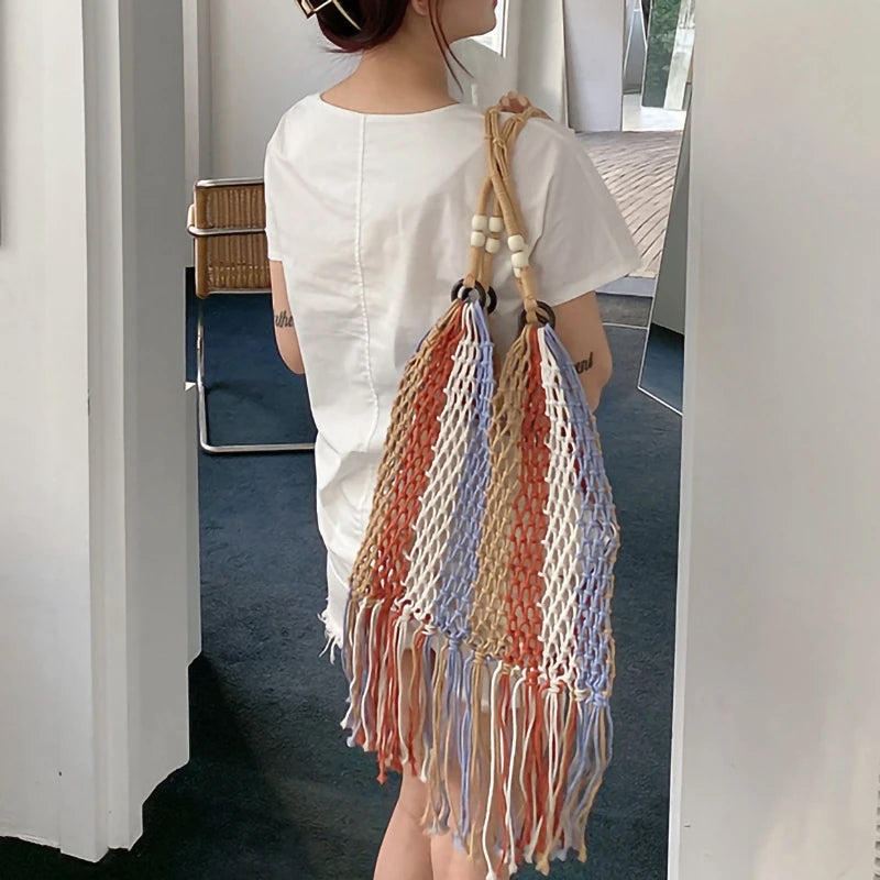 Striped Beach Bag Large Capacity Handwoven Cutout Tote Shoulder Bags with Tassel