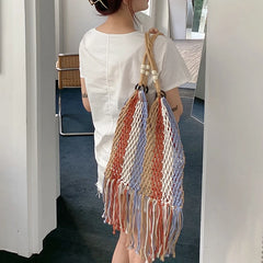 Striped Beach Bag Large Capacity Handwoven Cutout Tote Shoulder Bags with Tassel