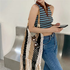 Striped Beach Bag Large Capacity Handwoven Cutout Tote Shoulder Bags with Tassel