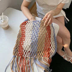 Striped Beach Bag Large Capacity Handwoven Cutout Tote Shoulder Bags with Tassel
