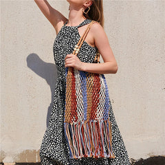 Striped Beach Bag Large Capacity Handwoven Cutout Tote Shoulder Bags with Tassel