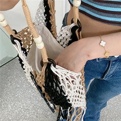 Striped Beach Bag Large Capacity Handwoven Cutout Tote Shoulder Bags with Tassel