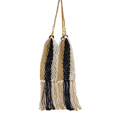 Striped Beach Bag Large Capacity Handwoven Cutout Tote Shoulder Bags with Tassel