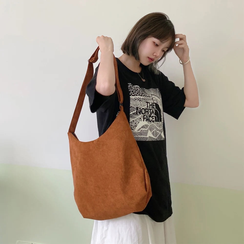 Striped Corduroy Bag Canvas Crossbody Shoulder Eco Purse Solid Handbag