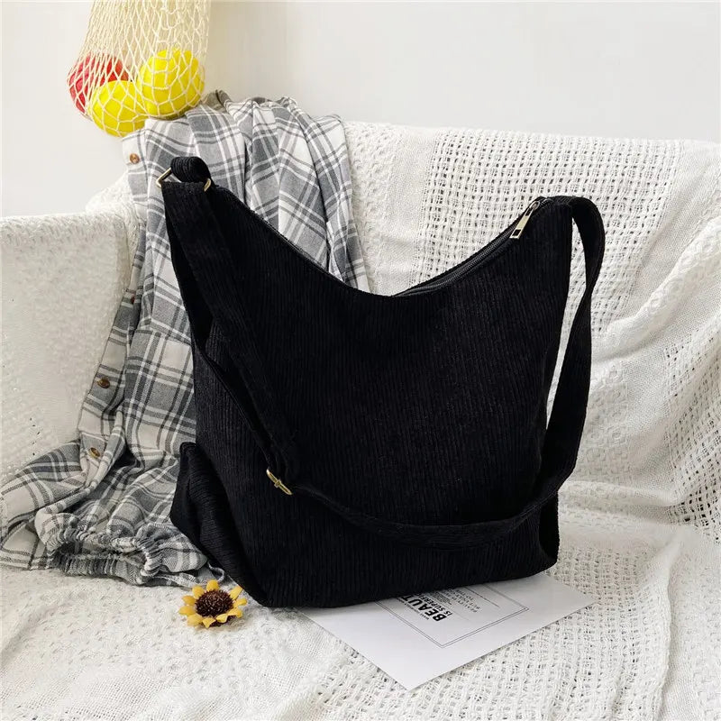 Striped Corduroy Crossbody Bag Eco Cloth Purse Solid Handbag