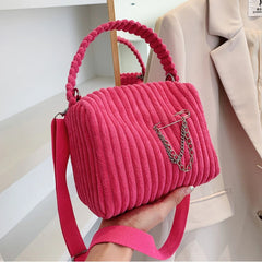 Striped Corduroy Zipper Bag Mini Tote Shoulder Messenger Bag