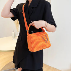 Striped Corduroy Zipper Bag Mini Tote Shoulder Messenger Bag