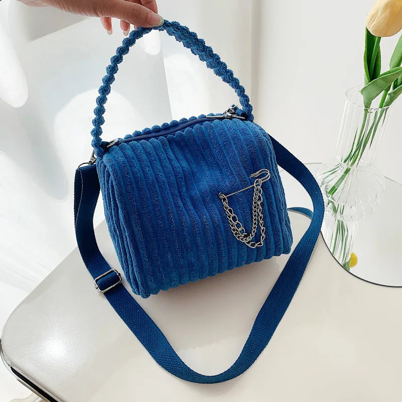 Striped Corduroy Zipper Bag Mini Tote Shoulder Messenger Bag