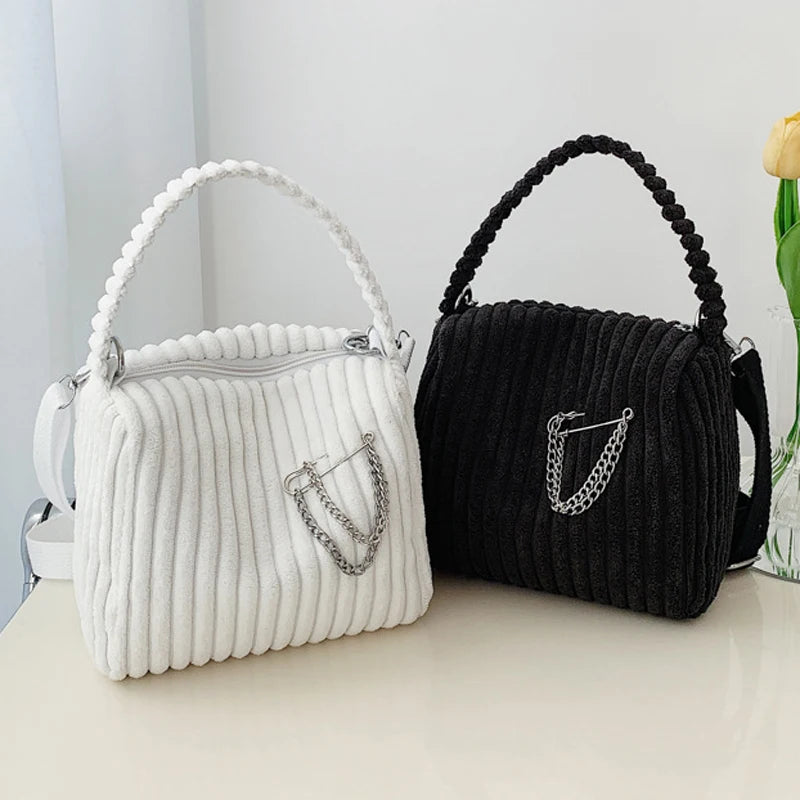 Striped Corduroy Zipper Bag Mini Tote Shoulder Messenger Bag