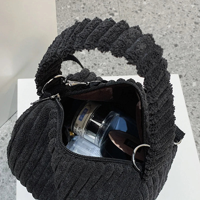 Striped Corduroy Zipper Bag Mini Tote Shoulder Messenger Bag