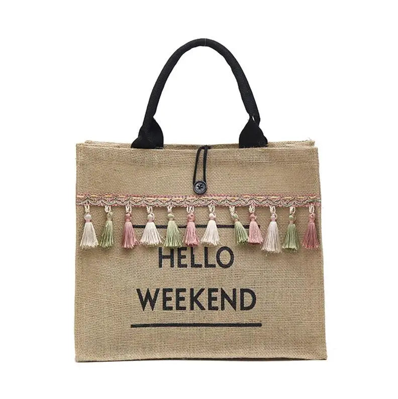Summer Beach Bags Large Capacity Tassel Shoulder Bag Letter Linen Totes