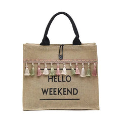 Summer Beach Bags Large Capacity Tassel Shoulder Bag Letter Linen Totes