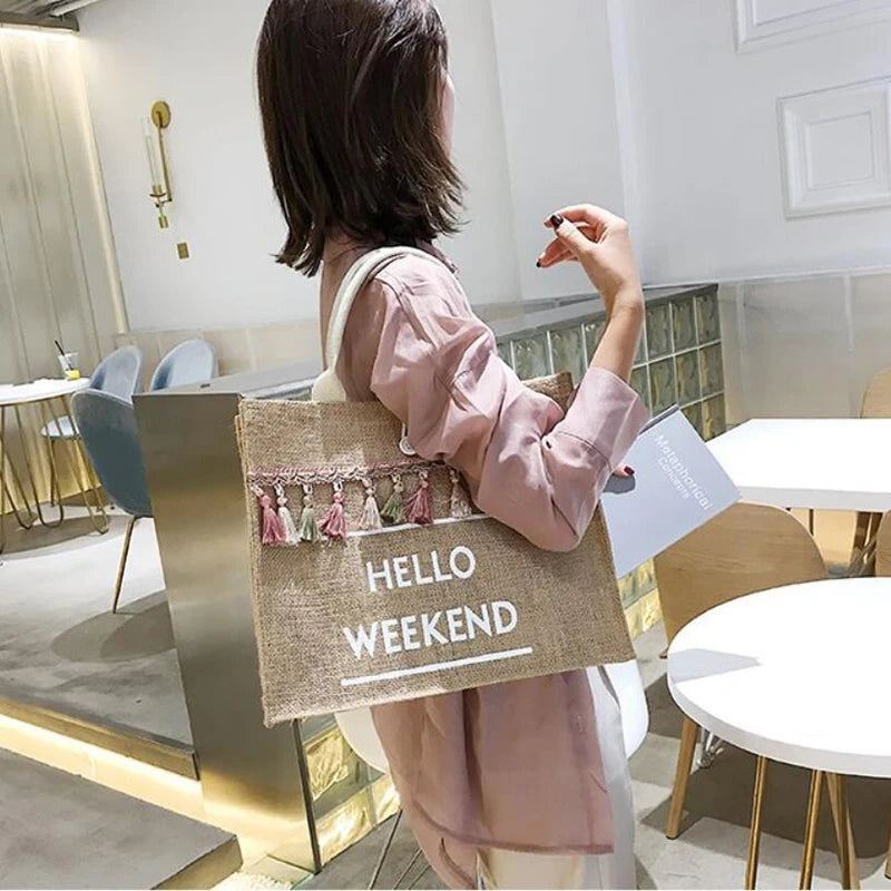 Summer Beach Bags Large Capacity Tassel Shoulder Bag Letter Linen Totes