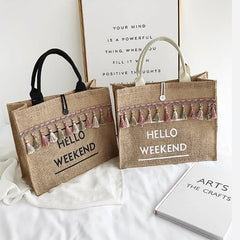 Summer Beach Bags Large Capacity Tassel Shoulder Bag Letter Linen Totes