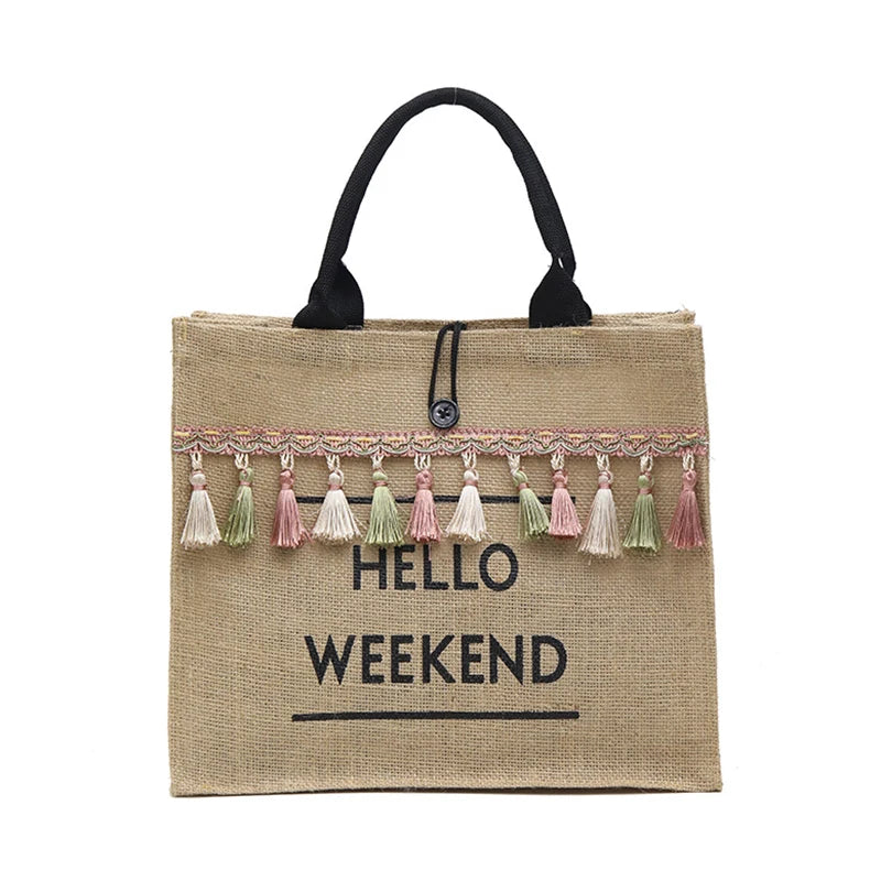 Summer Beach Bags Large Capacity Tassel Shoulder Bag Letter Linen Totes