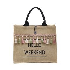 Summer Beach Bags Large Capacity Tassel Shoulder Bag Letter Linen Totes