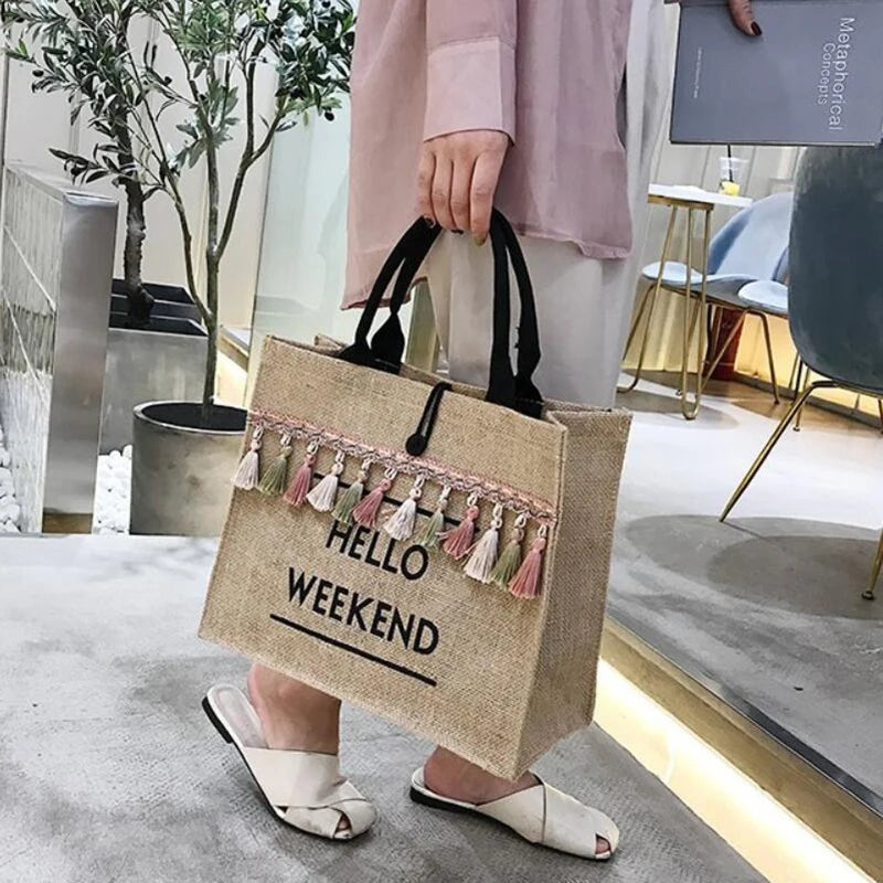 Summer Beach Bags Large Capacity Tassel Shoulder Bag Letter Linen Totes