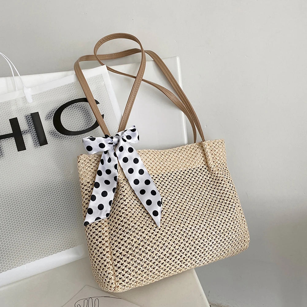 Women Casual Straw Bag Vintage Silk Ribbon Large Capacity