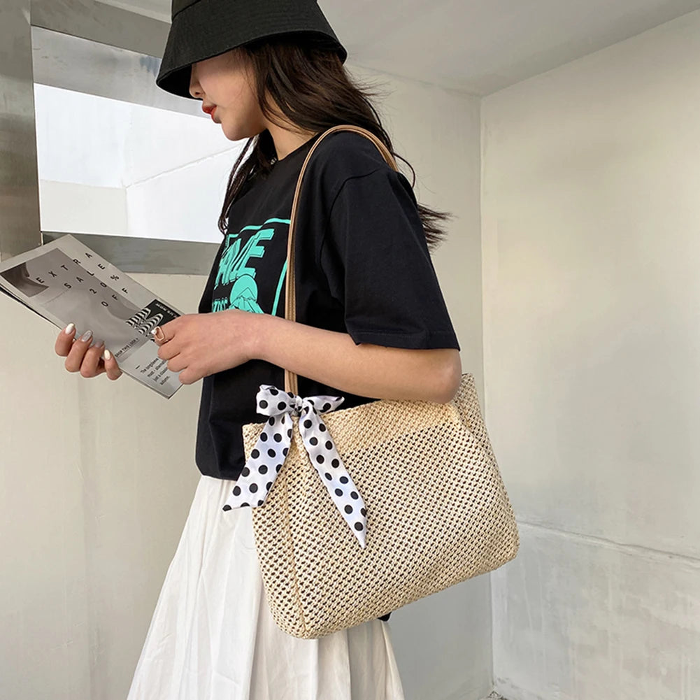Women Casual Straw Bag Vintage Silk Ribbon Large Capacity