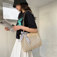 Women Casual Straw Bag Vintage Silk Ribbon Large Capacity