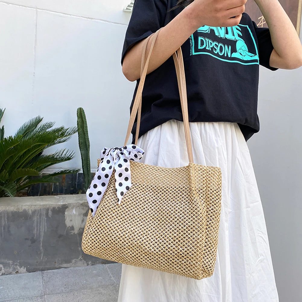 Women Casual Straw Bag Vintage Silk Ribbon Large Capacity