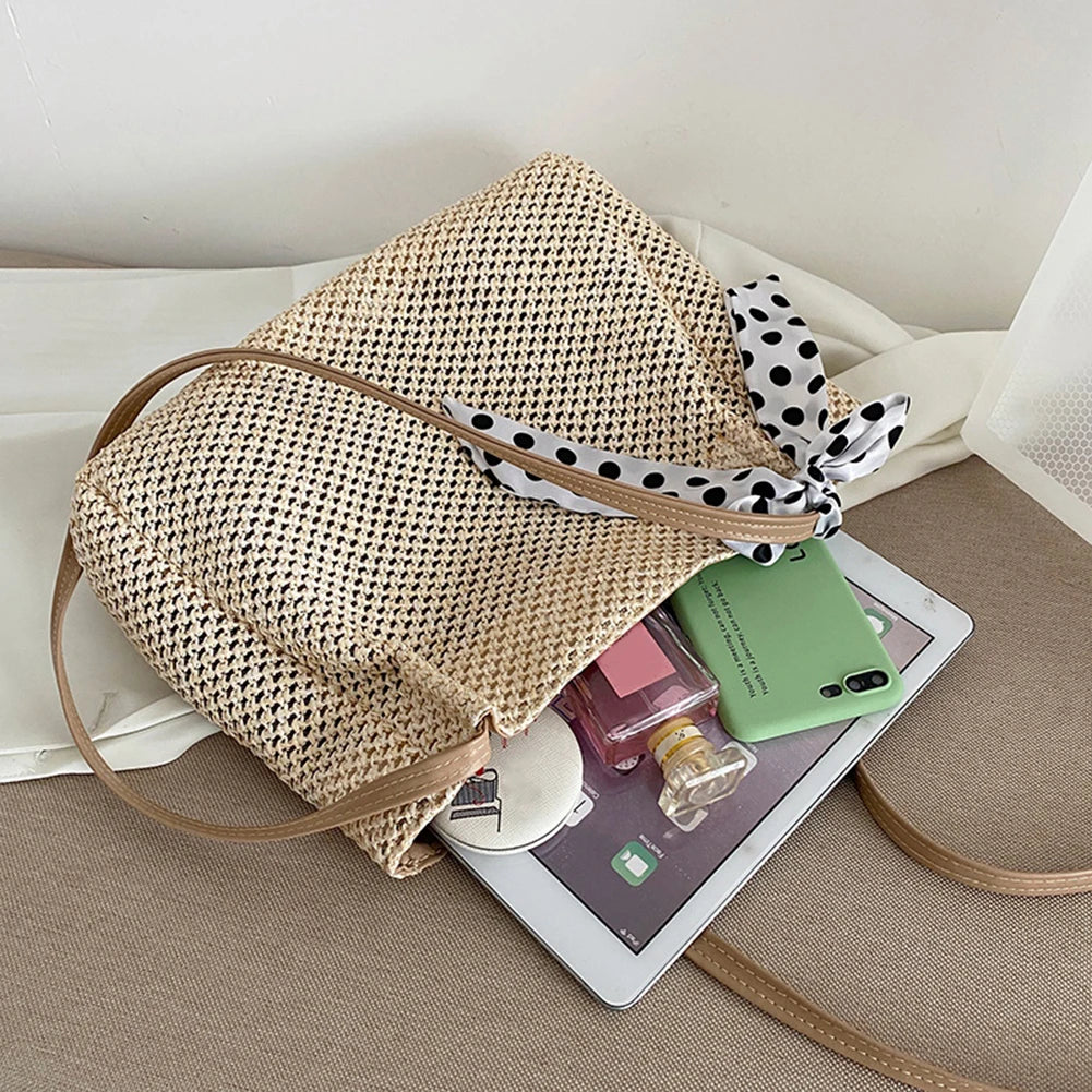 Women Casual Straw Bag Vintage Silk Ribbon Large Capacity