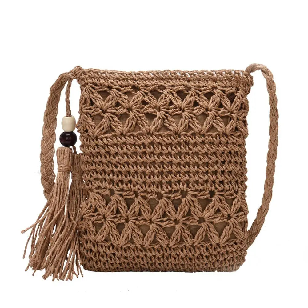 Women Straw Messenger Bag Hollow Out Woven Shoulder Tassel Crossbody Beach