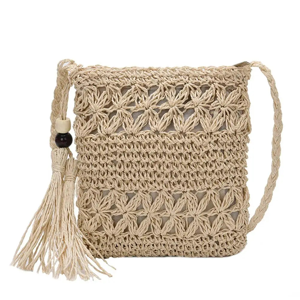 Women Straw Messenger Bag Hollow Out Woven Shoulder Tassel Crossbody Beach