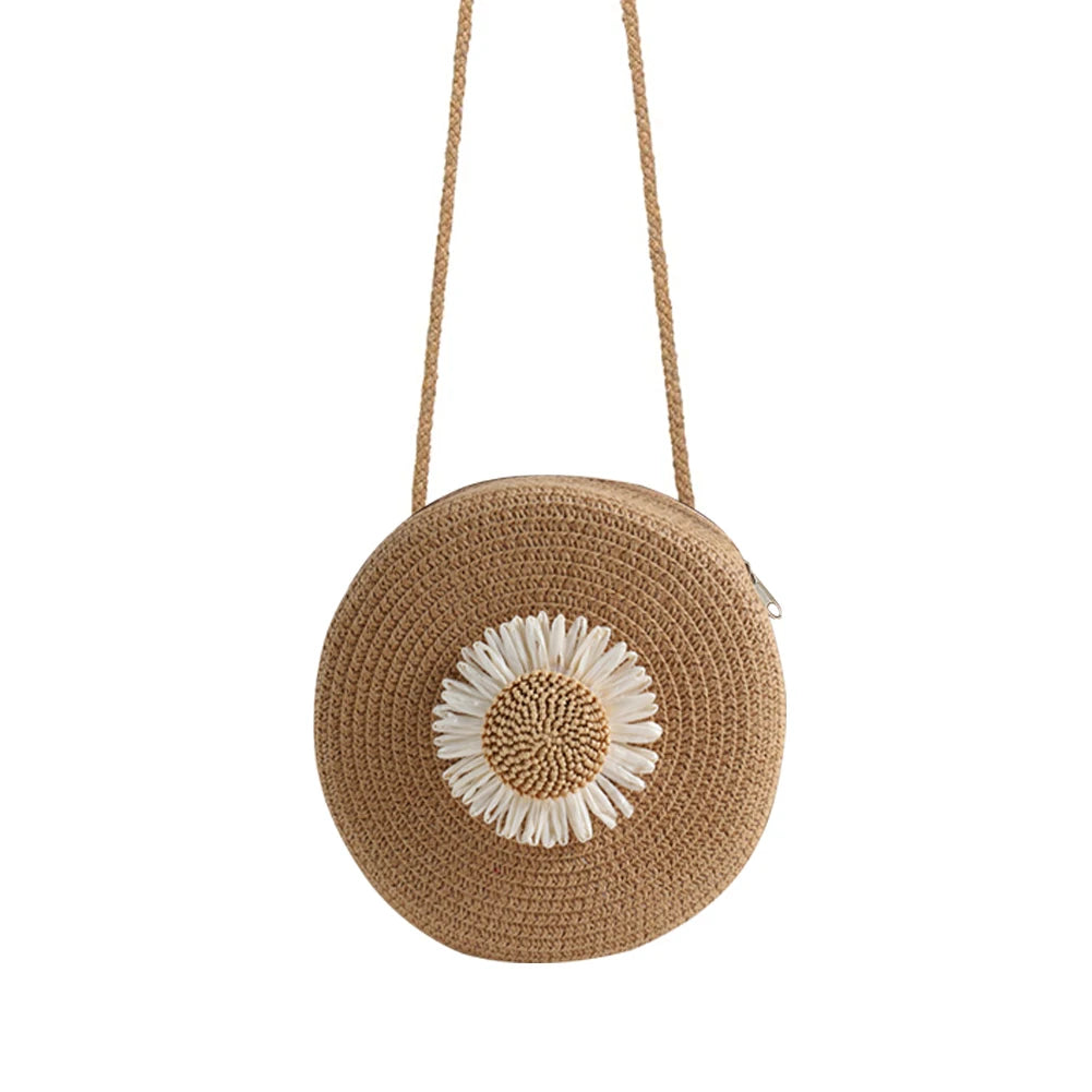 Summer Straw Messenger Bag with Flower Decor Crossbody Beach Travel Bag