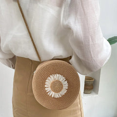 Women Summer Straw Messenger Bag Flower Decor Woven Shoulder Crossbody Beach Tra