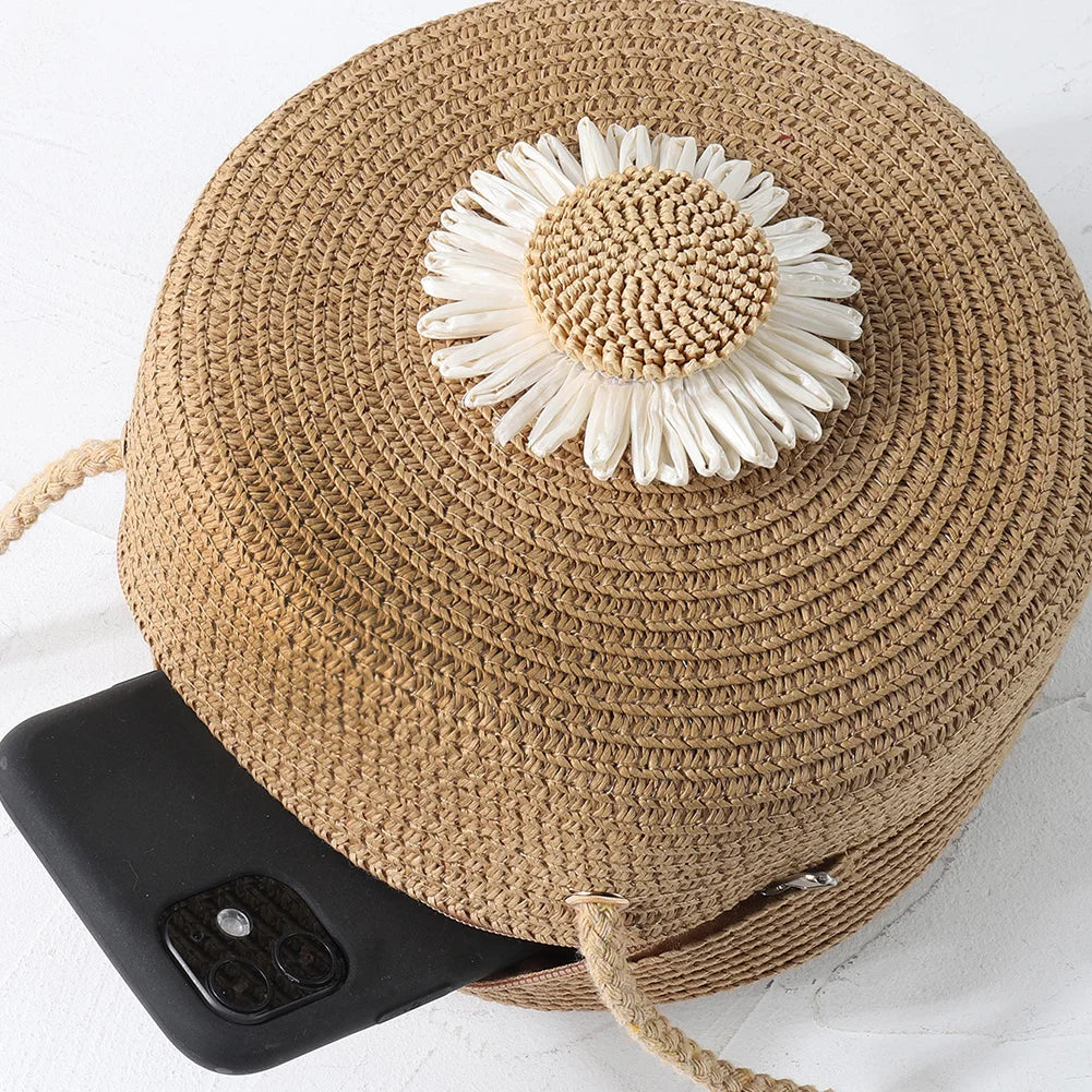 Summer Straw Messenger Bag with Flower Decor Crossbody Beach Travel Bag