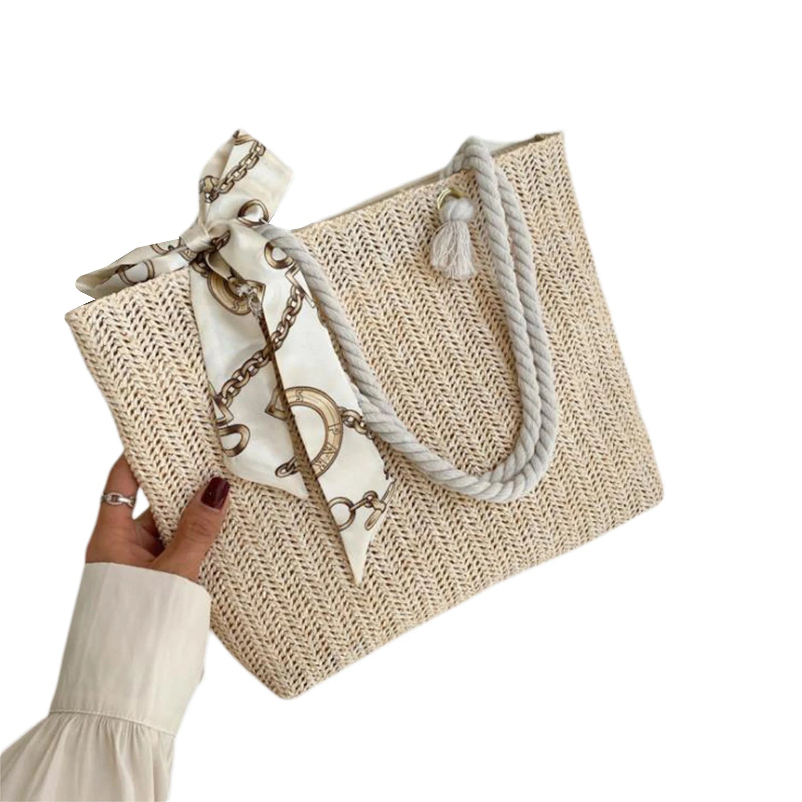 Straw Shoulder Bag with Silk Scarf, Lightweight Tote Purse for Women