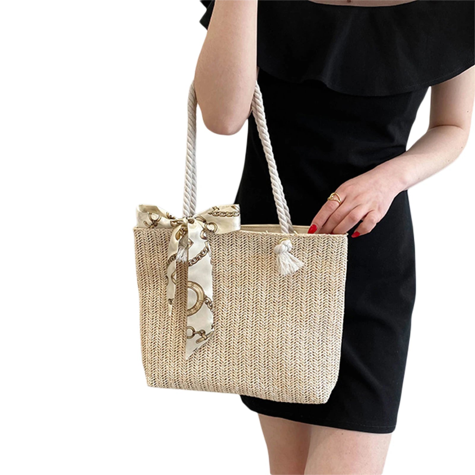 Straw Shoulder Bag with Silk Scarf, Lightweight Tote Purse for Women