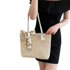 Straw Shoulder Bag with Silk Scarf, Lightweight Tote Purse for Women