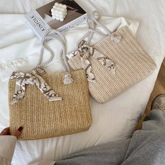 Straw Shoulder Bag with Silk Scarf, Lightweight Tote Purse for Women