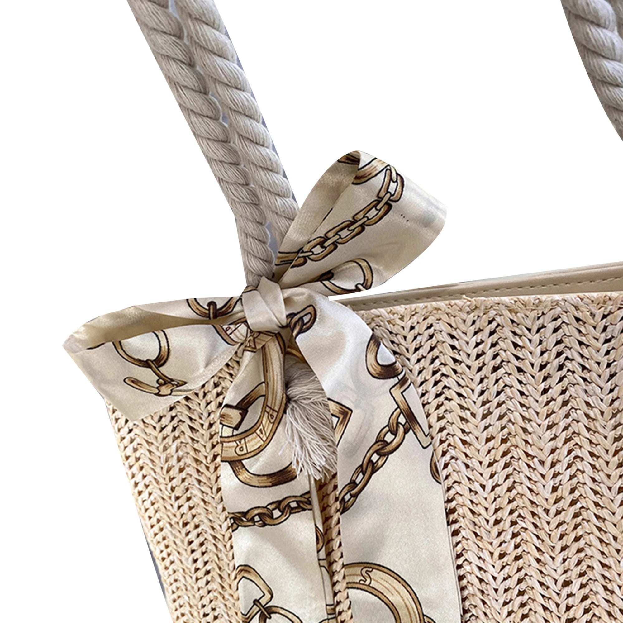 Straw Shoulder Bag with Silk Scarf, Lightweight Tote Purse for Women