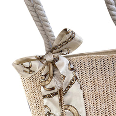 Straw Shoulder Bag with Silk Scarf, Lightweight Tote Purse for Women