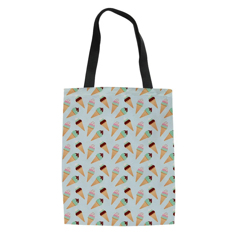 Women Supermarket Shopping Bag Cartoon Candy Ice Cream Canvas Tote Bags