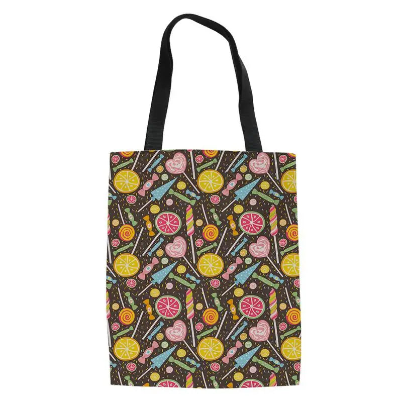 Women Supermarket Shopping Bag Cartoon Candy Ice Cream Canvas Tote Bags