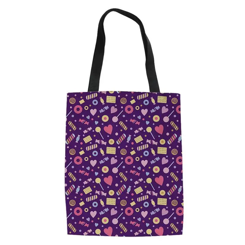 Women Supermarket Shopping Bag Cartoon Candy Ice Cream Canvas Tote Bags