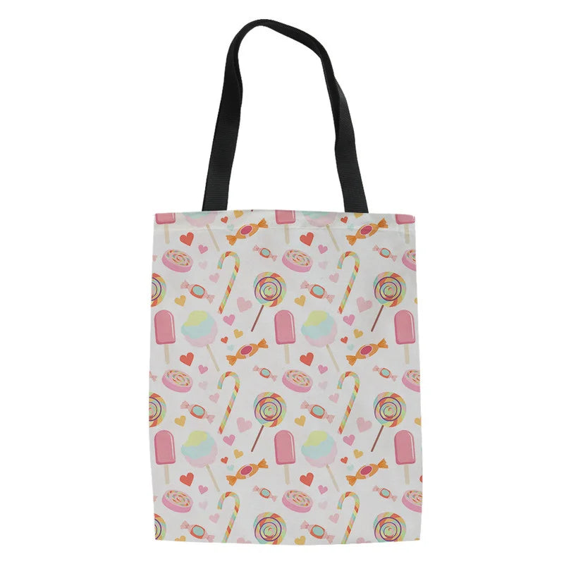 Women Supermarket Shopping Bag Cartoon Candy Ice Cream Canvas Tote Bags