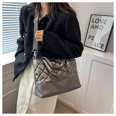Women Top-Handle Bag Retro PU Splicing Quilted Winter Lattice Shoulder Bag