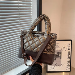 Women Top-Handle Bag Retro PU Splicing Quilted Winter Lattice Shoulder Bag